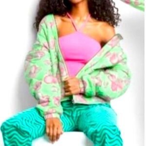 Wild Fable Hooded Quilted Jacket Mint Floral Print Size XL.